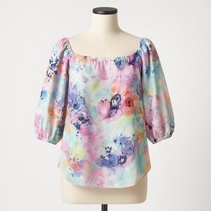 Vtg A New York Floral Watercolor Print Blouse Square Neck 3/4 Sleeve XS Preppy